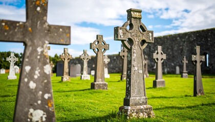 Ancient crosses in a sunlit graveyard
