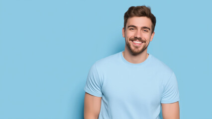Obraz premium Smiling young man on blue background, created with AI