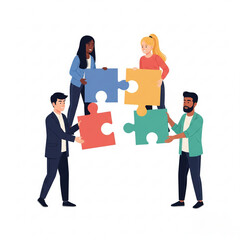 Fototapeta premium Business Teamwork concept. Contemporary flat style abstract vector illustration of four young diverse people putting together puzzle details.
