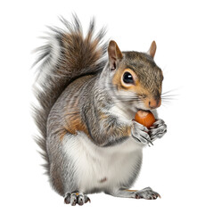 Fototapeta premium A cute grey squirrel is holding a nut and looking at the camera on a transparent background
