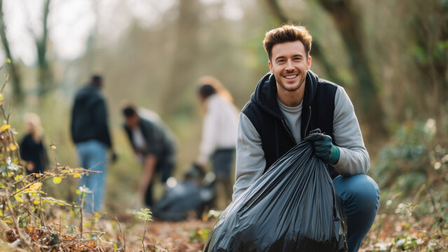 People gather in the park to clean up the area, created with AI - Powered by Adobe