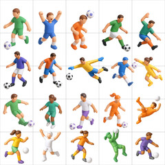 Colorful 3D illustration of diverse soccer players in various action poses.