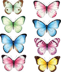 Collection of eight beautifully detailed watercolor painted butterflies in various vibrant colors and patterns