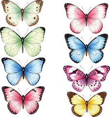 Collection of eight beautifully detailed watercolor butterflies in various vibrant colors and patterns