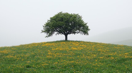 Solitary Tree in a Meadow of Yellow Flowers