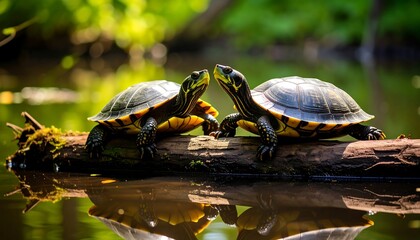 Obraz premium Two turtles on a log in a sunlit stream