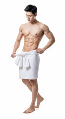 Fototapeta premium Fit Asian man in towel, showcasing toned physique and healthy body. Perfect for themes of fitness, grooming, and self-care.