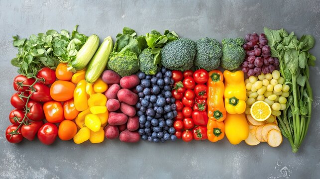 Assorted rainbow-colored fruits and vegetables arranged neatly, vibrant healthy food background with fresh produce