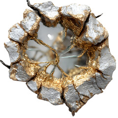 Broken mirror mended by gold threads of truth isolated on white background
