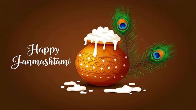 Happy Janmashtami Celebration A Festive Vector Illustration Depicting Butter Pot and Peacock Feathers on a Brown Background, Spiritual Theme.