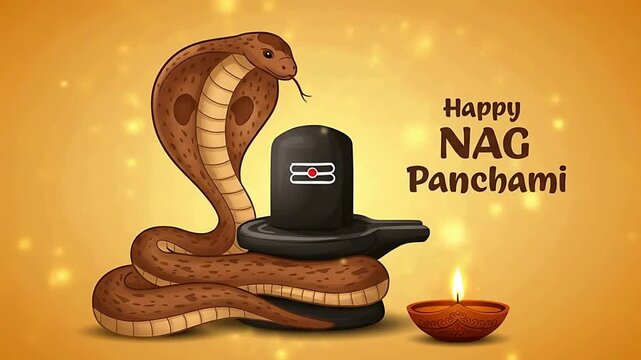 Nag Panchami festival celebration concept with a sacred cobra snake coiled around a Shiva Lingam on an auspicious golden background.
