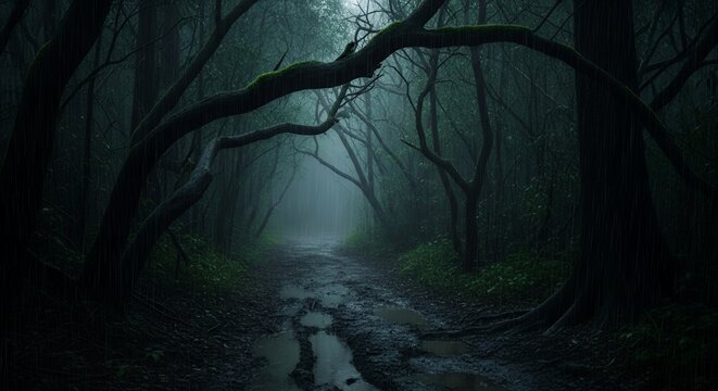 Rainy Forest Path Mystical Dark Woods Scene