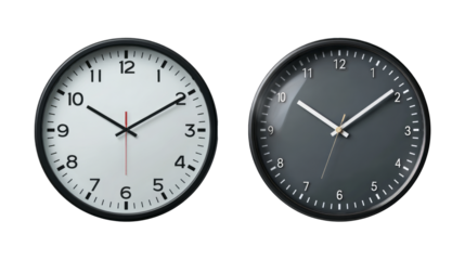 Two round wall clocks, isolated transparent background