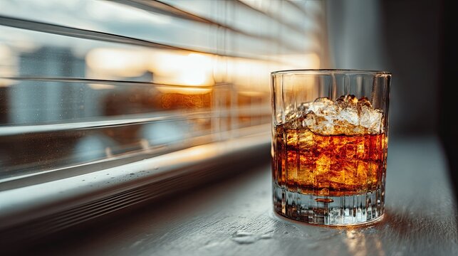 A glass of whiskey with ice cubes on a windowsill.