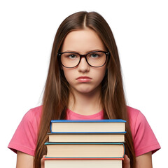 A teenage girl with glasses looks unhappy while holding a stack of books against a transparent background