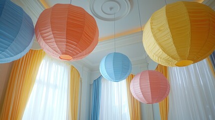 Pastel Paper Lanterns Hanging in a Bright Room