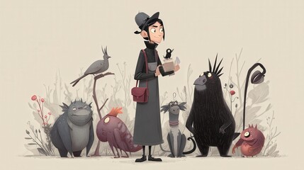 A young woman in a black dress and hat stands with six whimsical, fantasy creatures amid delicate plants and berries.