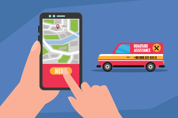 Roadside Assistance App: Requesting Help with Mobile Phone 2d  vector illustration