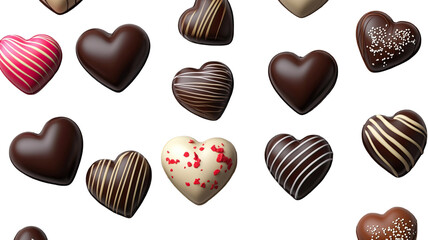 Heart shaped chocolate candies assorted and isolated on white background