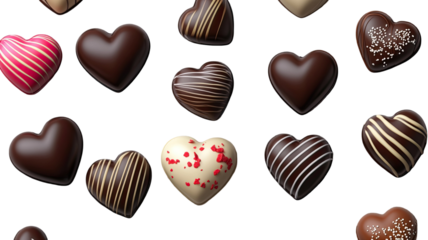 Heart shaped chocolate candies assorted and isolated on white background