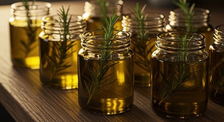 Fresh Rosemary Sprigs in Olive Oil Jars on Wooden Surface for Culinary and Aromatic Uses