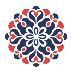 Decorative floral design featuring red and navy blue motifs on a white background