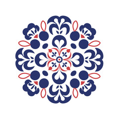 Intricate floral pattern design with bold colors and symmetrical shapes