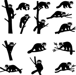A collection of red panda silhouettes in various poses, including climbing trees, lying on branches, and standing.