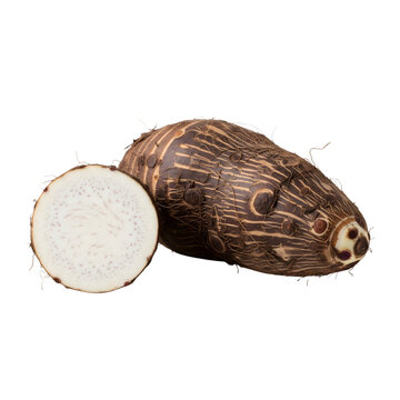A whole taro root and a sliced taro root are displayed against a transparent background