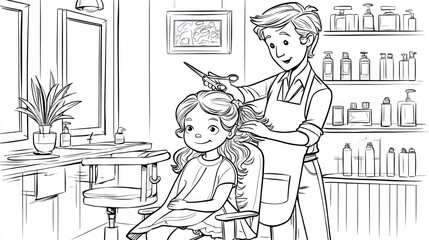 A young girl getting a haircut in a cozy salon