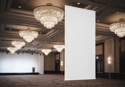 Blank Hanging Banner in Elegant Ballroom, Indoor Advertising & Event Space Mockup