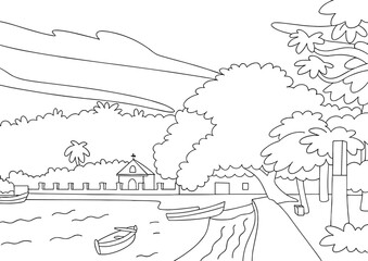Obraz premium Explore serene beach landscape with boats and lush greenery for vacation, ilha de paqueta, coloring page
