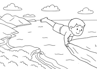 Man doing handstand yoga on pedra do telegrafo brazil extreme fitness, coloring page