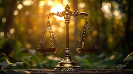 Golden Scales of Justice in a Serene Forest Setting