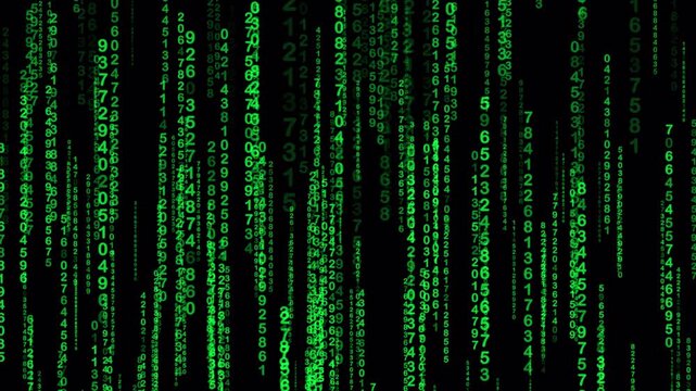 Binary code rain mesmerizes with cascading green numbers on a screen. Ideal for tech, cybersecurity, coding, and futuristic concepts