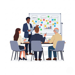 Business Workshop Concept. Vector illustration of a three of diverse people sitting at a table with a woman standing in front of them next to a board with sticky note.