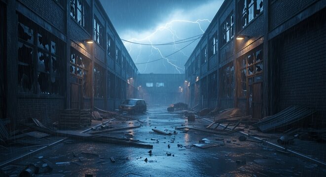 Rainy night in damaged urban alleyway debris and abandoned vehicles - Powered by Adobe