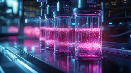 Bioluminescent cell cultures in a futuristic lab under observation by smart sensors and holograms