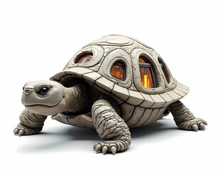 illustration of a turtle building with illuminated windows on its shell.