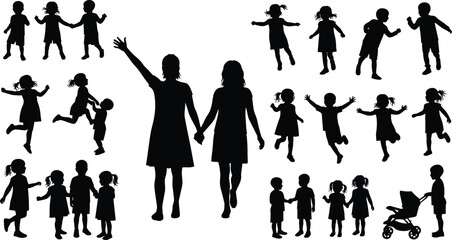 Joyful children silhouette holding hands outdoors, playful bonding activity, family fun moment at sunset, carefree happy kids enjoying together
