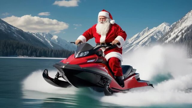 Santa Claus rides a snowmobile on a lake with mountain backdrop on Christmas Day, snow, water, speed, fun, winter.
