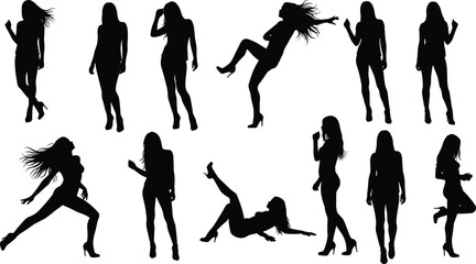 Elegant women silhouette performing dance and fashion poses, black vector illustration, high heels, stylish movement, artistic expression, female 