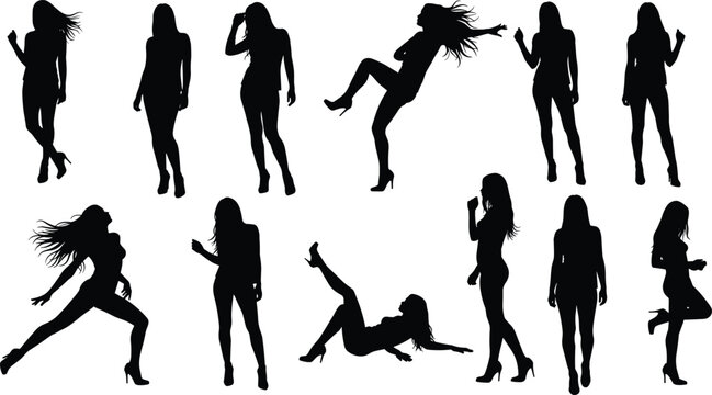Elegant women silhouette performing dance and fashion poses, black vector illustration, high heels, stylish movement, artistic expression, female 
