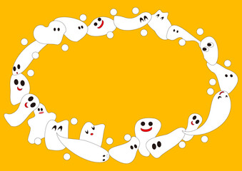 白おばけたち円形フレーム黄色背景・かわいいおばけたち