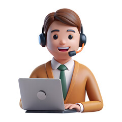 Friendly 3d cartoon man with headset and laptop