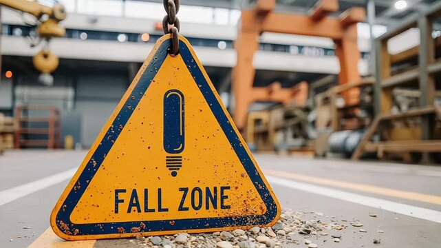Fall zone warning sign hanging in industrial factory area for safety caution