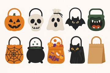 Set of Halloween treat bags flat design vector icons