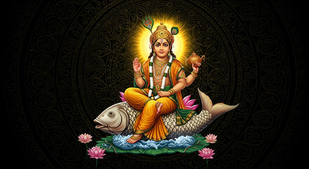 Fototapeta premium Hindu god Vishnu sits atop a fish