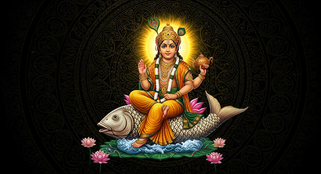 Hindu god Vishnu sits atop a fish