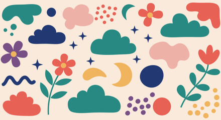 Colorful Nature Inspired Seamless Pattern with Clouds, Flowers, and Celestial Elements